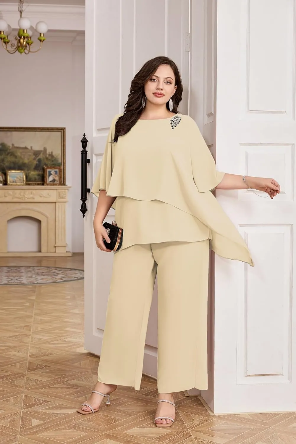 Hanna Nikole Plus Size Mother of Bride Pant Suits 2 Piece Chiffon Sets Ruffle Layers Wedding Guest Outfit