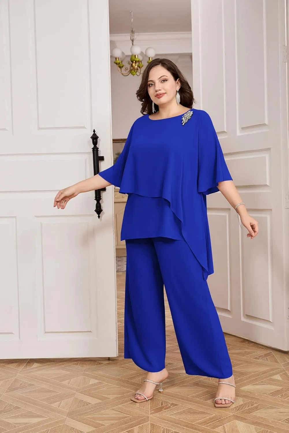 Hanna Nikole Plus Size Mother of Bride Pant Suits 2 Piece Chiffon Sets Ruffle Layers Wedding Guest Outfit
