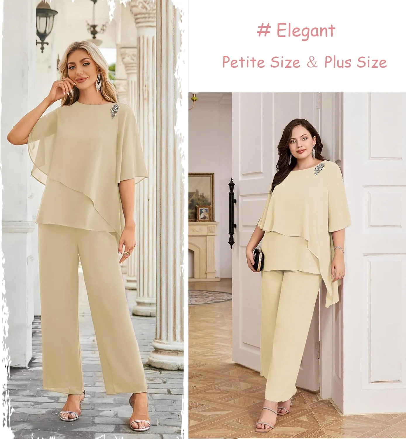 Hanna Nikole Plus Size Mother of Bride Pant Suits 2 Piece Chiffon Sets Ruffle Layers Wedding Guest Outfit