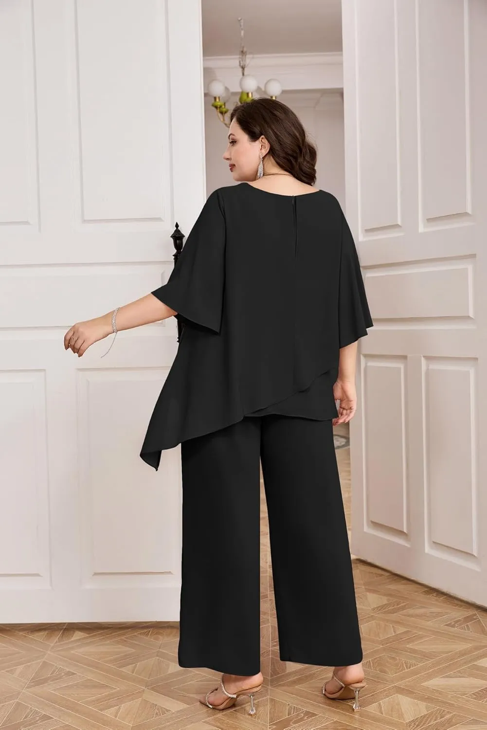 Hanna Nikole Plus Size Mother of Bride Pant Suits 2 Piece Chiffon Sets Ruffle Layers Wedding Guest Outfit