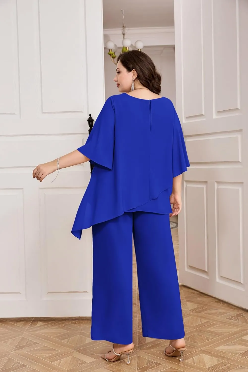 Hanna Nikole Plus Size Mother of Bride Pant Suits 2 Piece Chiffon Sets Ruffle Layers Wedding Guest Outfit