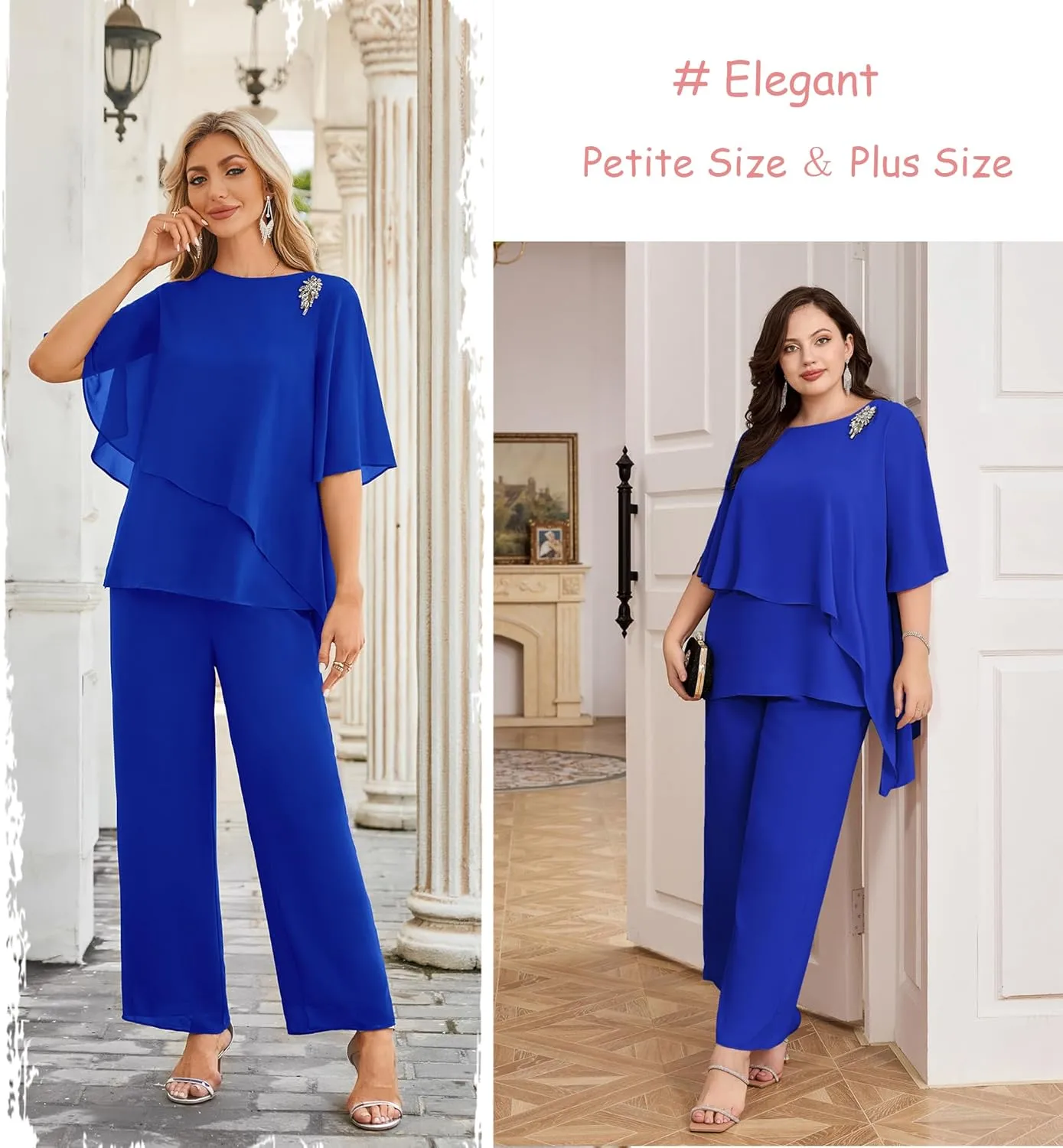 Hanna Nikole Plus Size Mother of Bride Pant Suits 2 Piece Chiffon Sets Ruffle Layers Wedding Guest Outfit