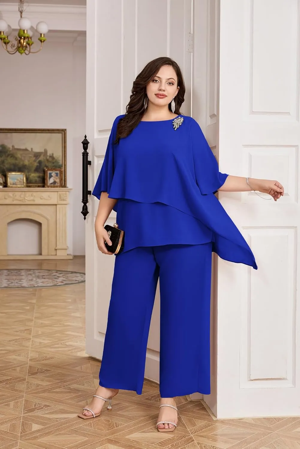 Hanna Nikole Plus Size Mother of Bride Pant Suits 2 Piece Chiffon Sets Ruffle Layers Wedding Guest Outfit