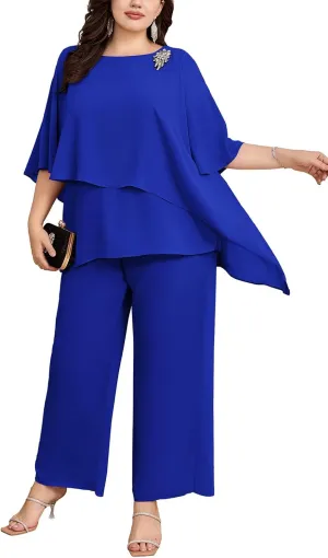Hanna Nikole Plus Size Mother of Bride Pant Suits 2 Piece Chiffon Sets Ruffle Layers Wedding Guest Outfit