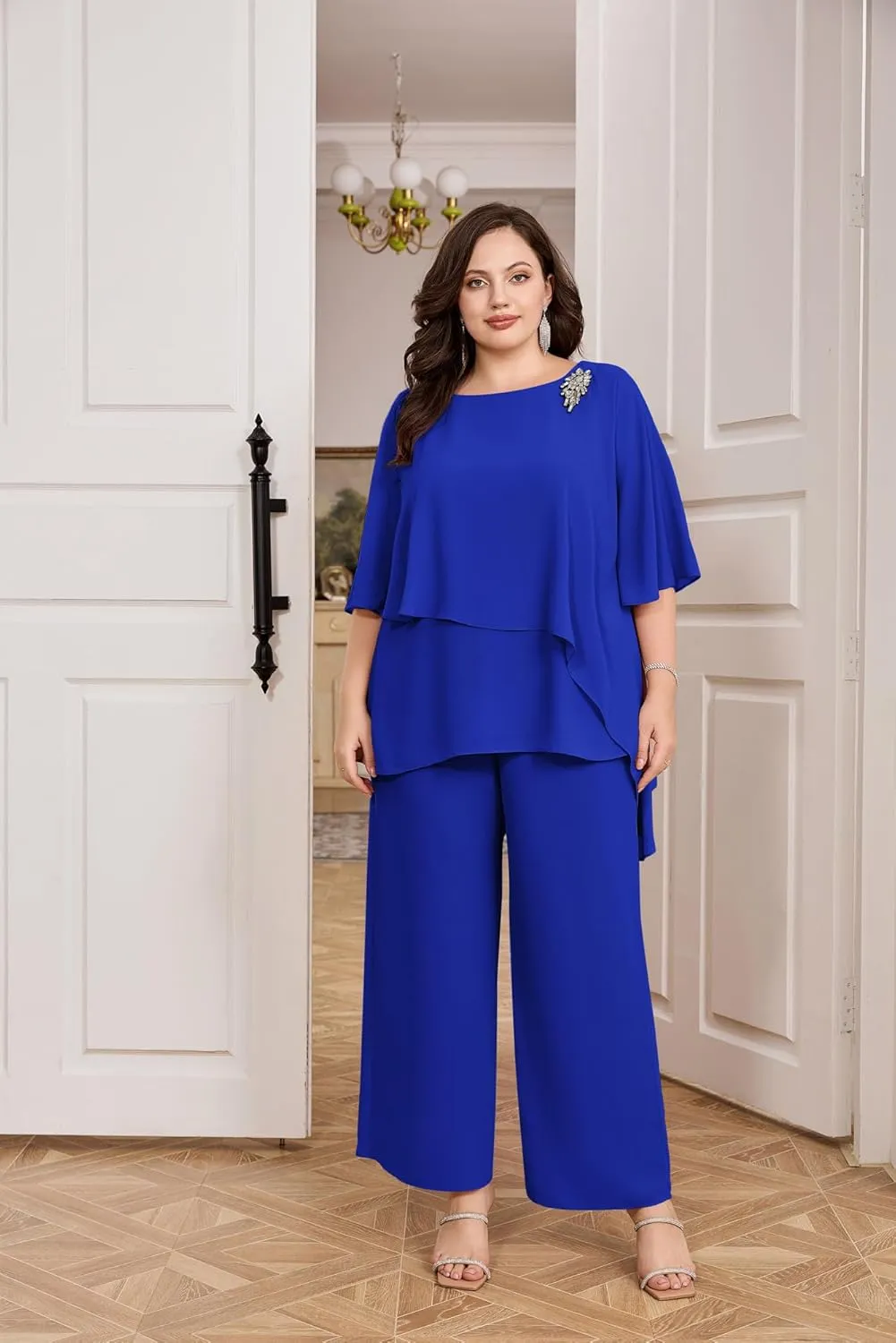 Hanna Nikole Plus Size Mother of Bride Pant Suits 2 Piece Chiffon Sets Ruffle Layers Wedding Guest Outfit