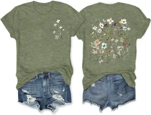 HDLTE Women Vintage Botanical Floral Graphic Tees Casual Boho Short Sleeve Plus Size Tops