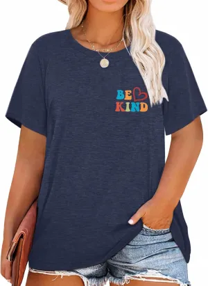 HDLTE Womens Plus Size Tops Cute Be Kind Blessed Graphic Tees Short Sleeve Love Heart Shirt