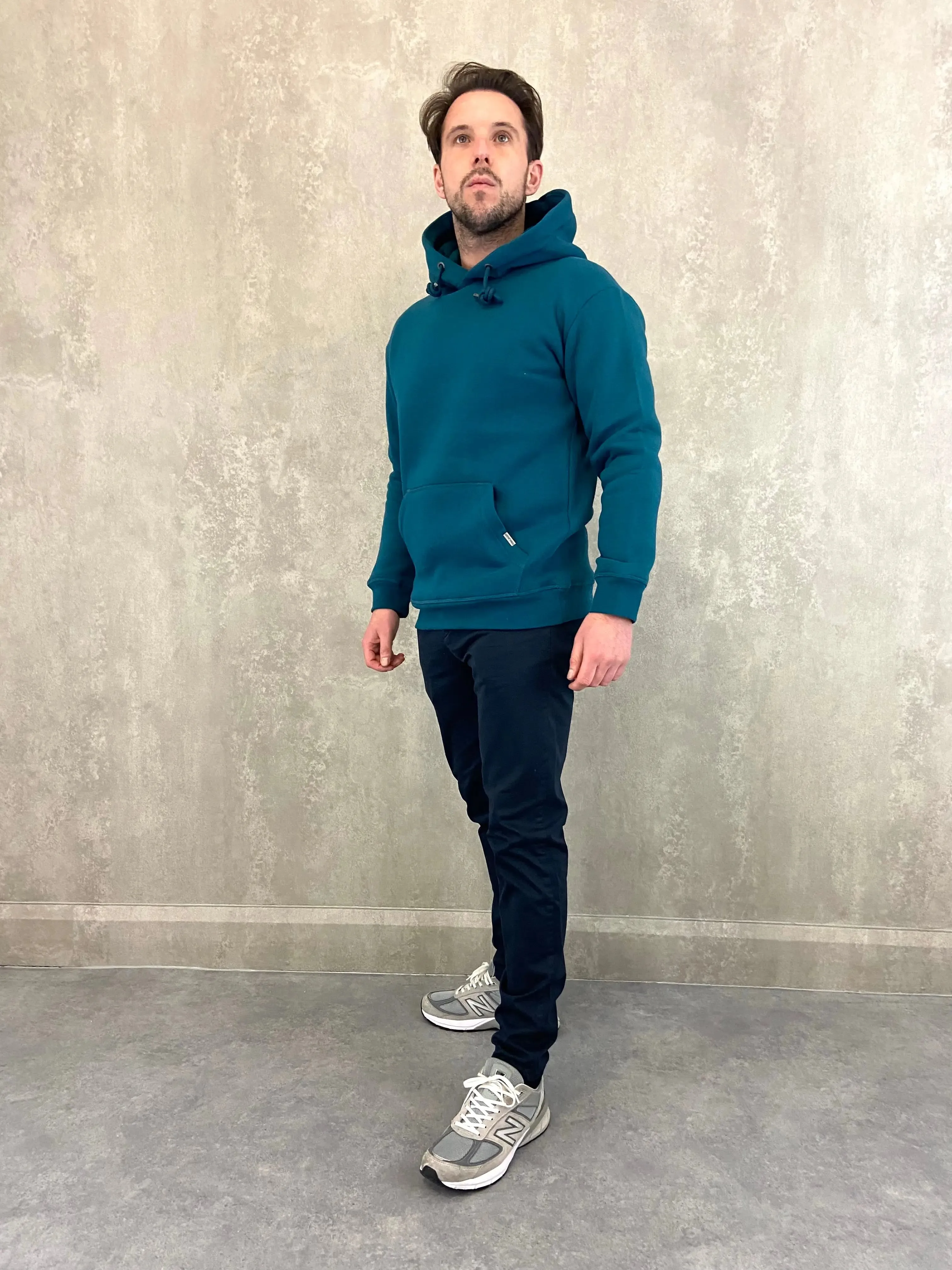 Heavy Plain Pocket Logo Hoodie - Petrol Blue