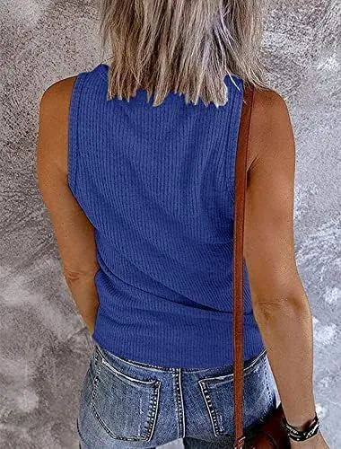 Henley Tank Tops Womens Western Aztec Print V-Neck Cami Ribbed Sleeveless Shirts Casual Button Up T-Shirts