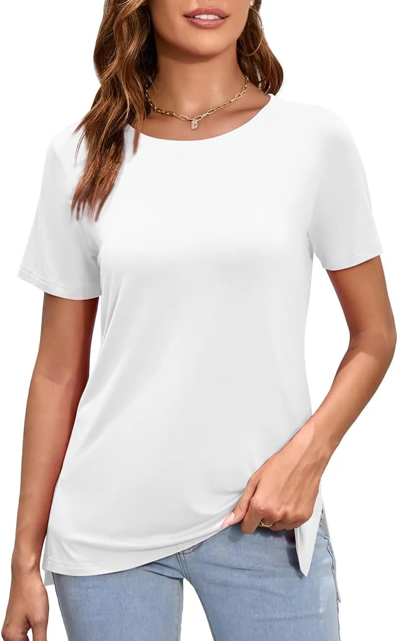 Herou Summer Women Casual Short Sleeve Tops T-Shirts Tees with Side Split