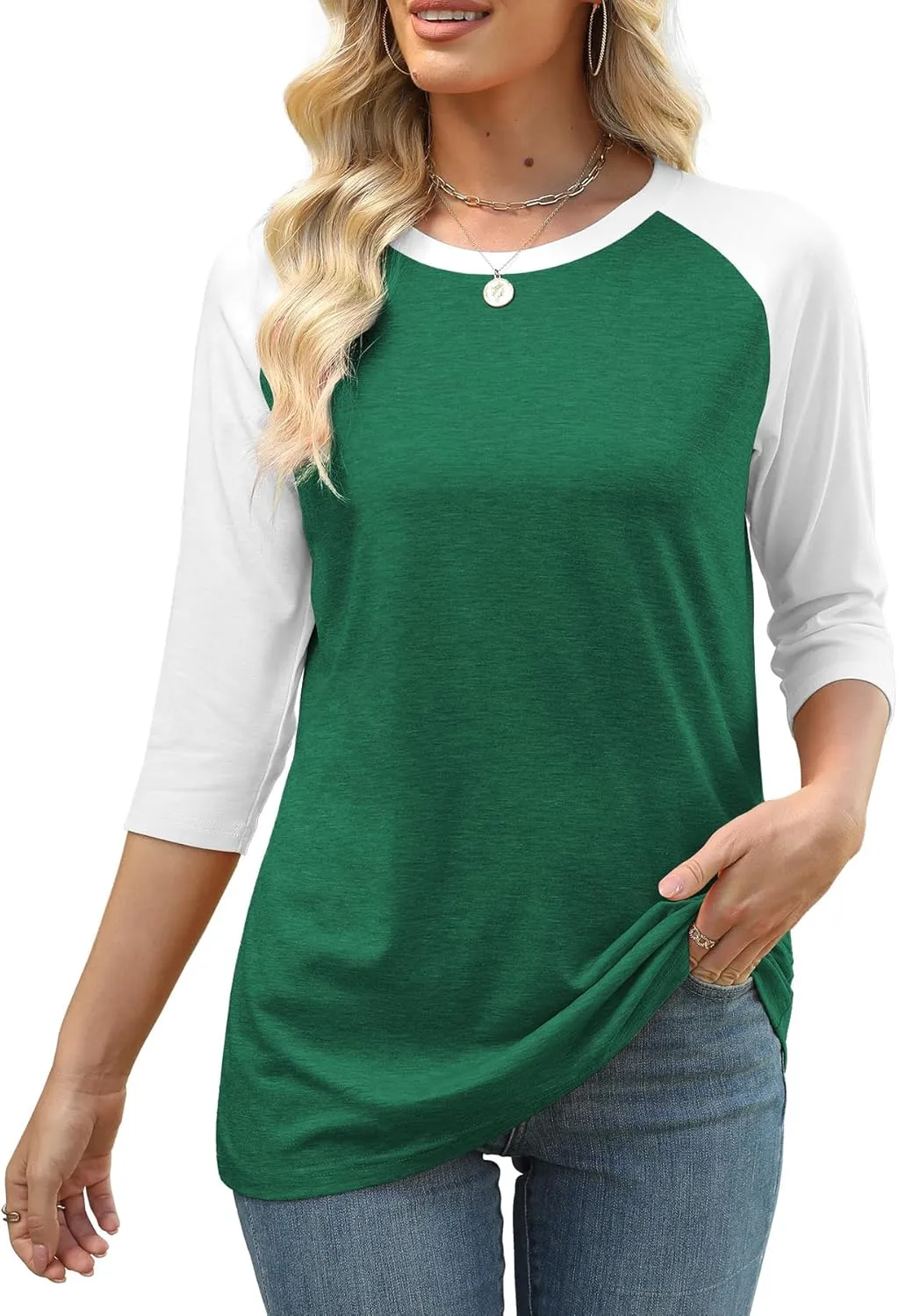 Heymiss Womens Tops 3/4 Sleeve Shirts Round Neck Loose Casual Tshirts Color Block Summer Tees