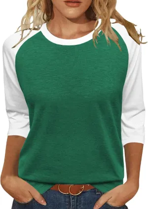 Heymiss Womens Tops 3/4 Sleeve Shirts Round Neck Loose Casual Tshirts Color Block Summer Tees