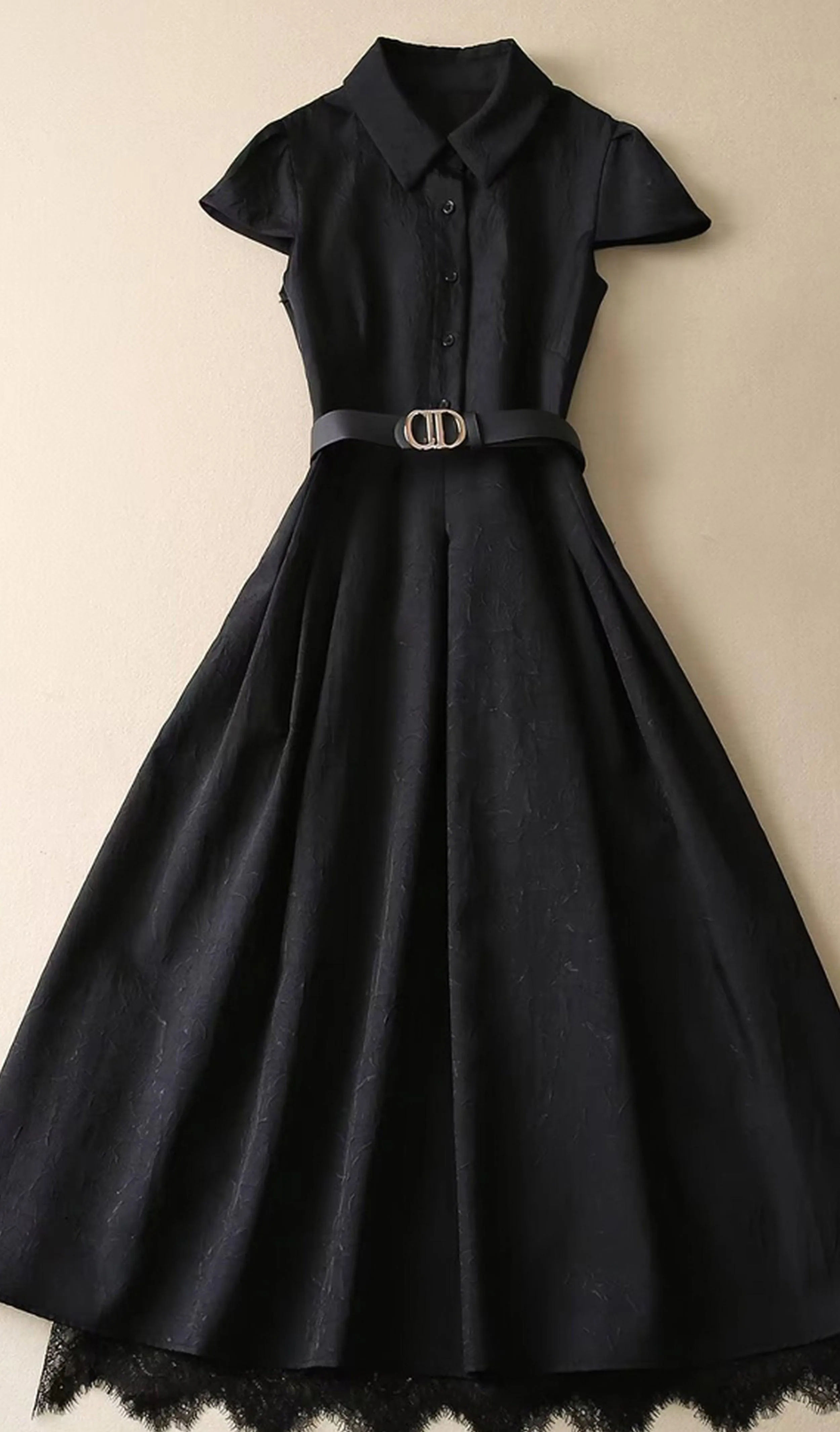 High Street Elegant Chic Fashion Casual Party Black Buttons Pleated Shirts Midi Dress
