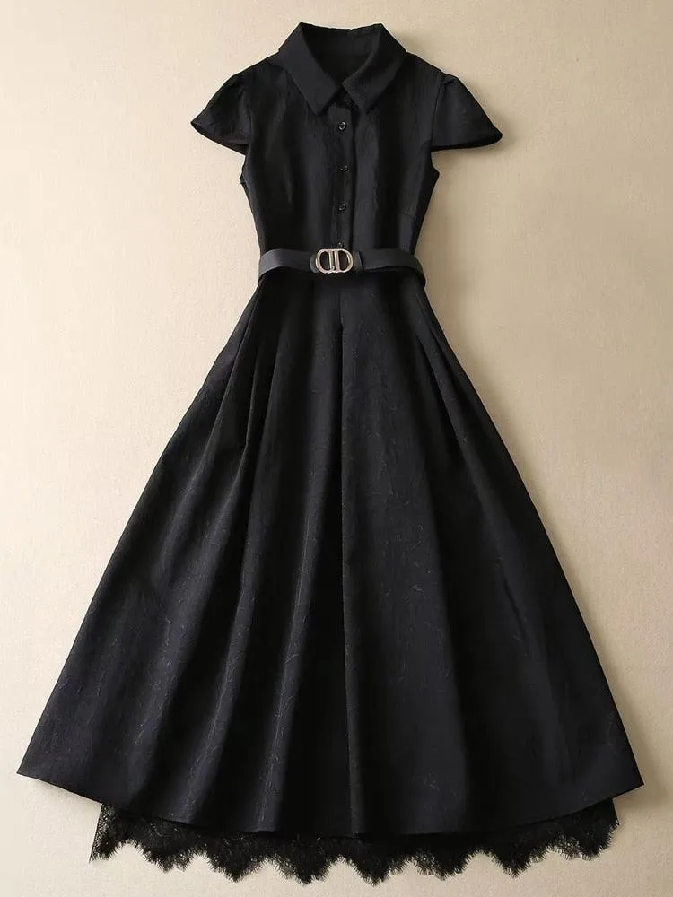 High Street Elegant Chic Fashion Casual Party Black Buttons Pleated Shirts Midi Dress