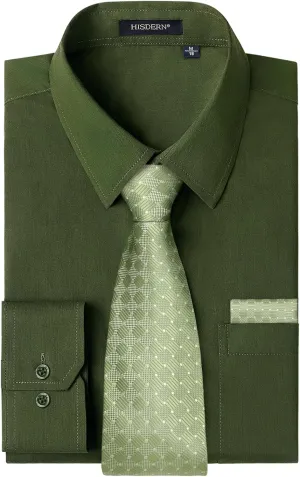 HISDERN Mens Dress Shirt Long Sleeve Matching Tie and Pocket Square Set Classic Button Down Formal Business Shirts