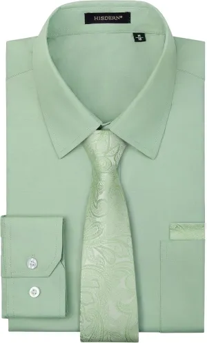 HISDERN Mens Dress Shirt Long Sleeve Matching Tie and Pocket Square Set Classic Button Down Formal Business Shirts