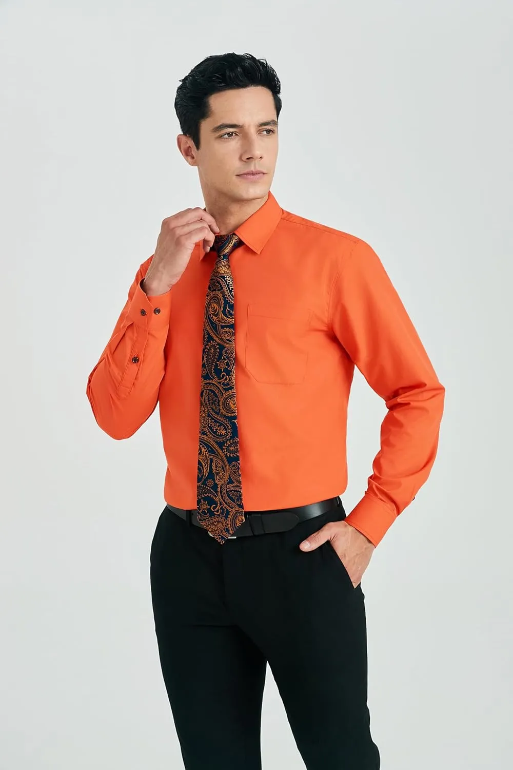 HISDERN Mens Dress Shirt Long Sleeve Matching Tie and Pocket Square Set Classic Button Down Formal Business Shirts