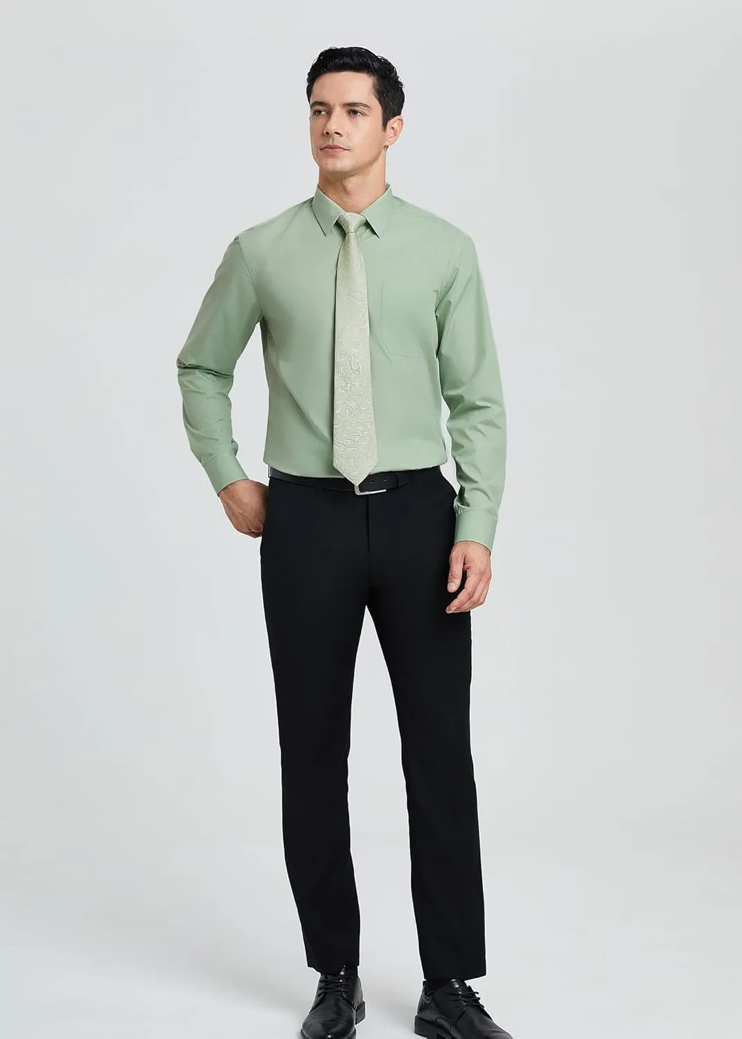 HISDERN Mens Dress Shirt Long Sleeve Matching Tie and Pocket Square Set Classic Button Down Formal Business Shirts