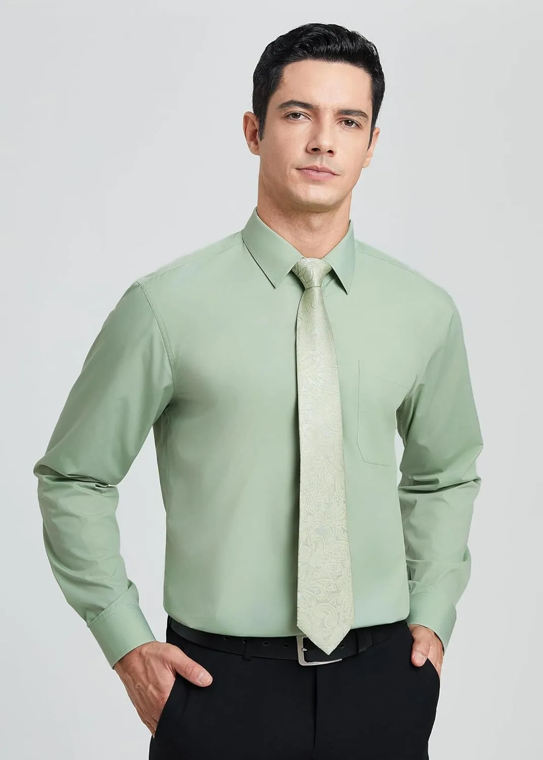 HISDERN Mens Dress Shirt Long Sleeve Matching Tie and Pocket Square Set Classic Button Down Formal Business Shirts