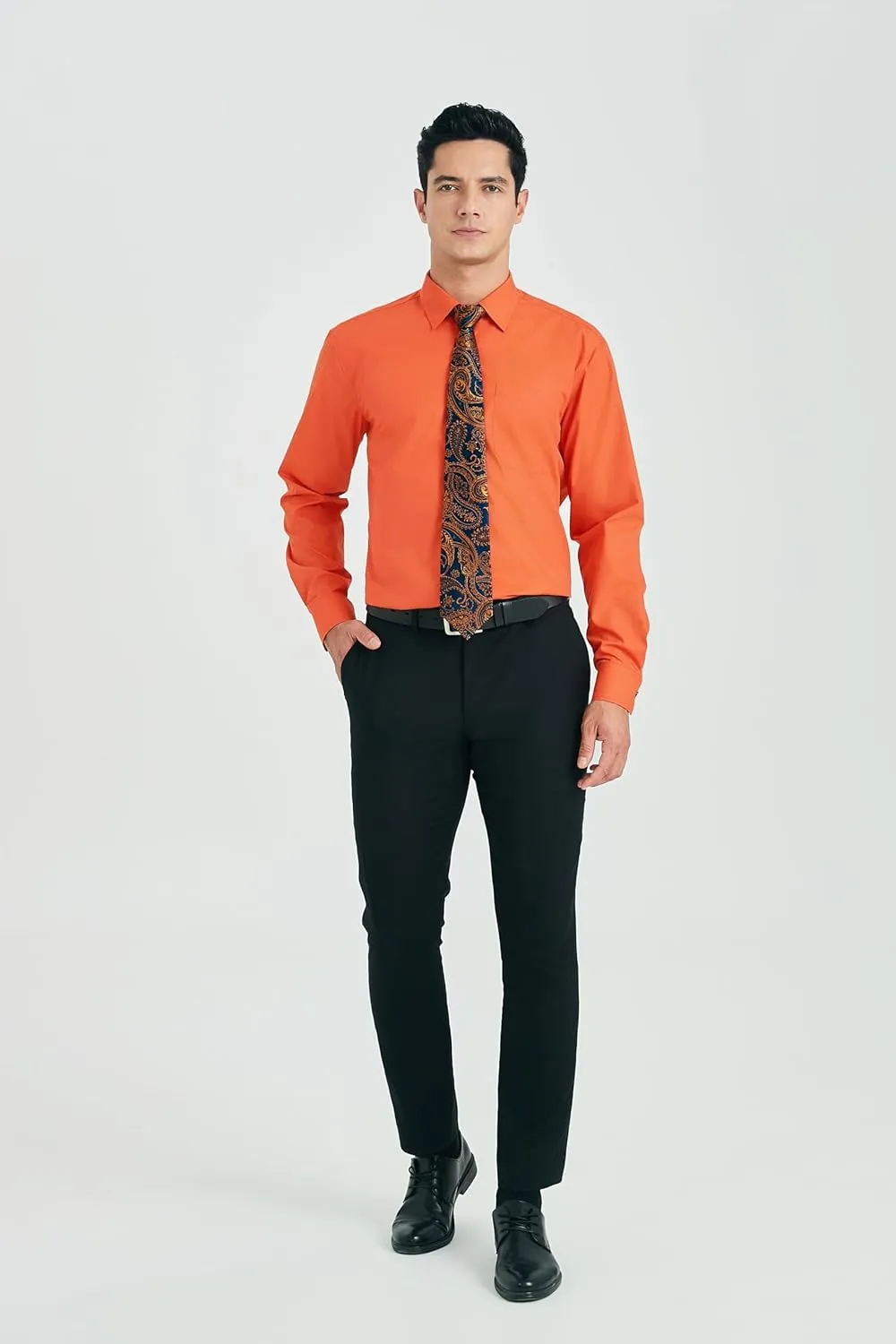 HISDERN Mens Dress Shirt Long Sleeve Matching Tie and Pocket Square Set Classic Button Down Formal Business Shirts