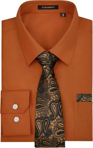 HISDERN Mens Dress Shirt Long Sleeve Matching Tie and Pocket Square Set Classic Button Down Formal Business Shirts