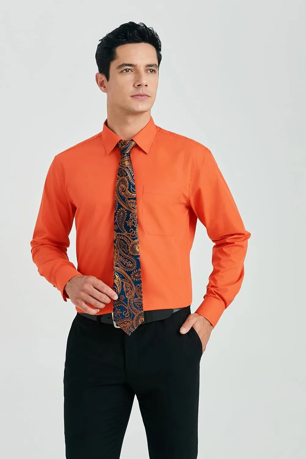 HISDERN Mens Dress Shirt Long Sleeve Matching Tie and Pocket Square Set Classic Button Down Formal Business Shirts