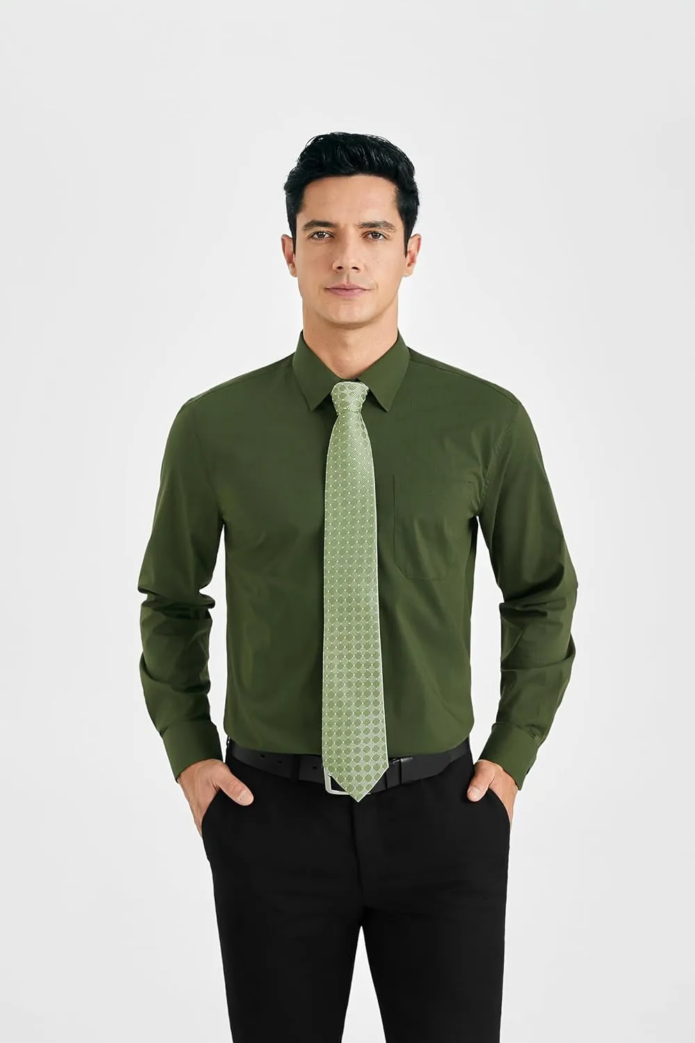 HISDERN Mens Dress Shirt Long Sleeve Matching Tie and Pocket Square Set Classic Button Down Formal Business Shirts