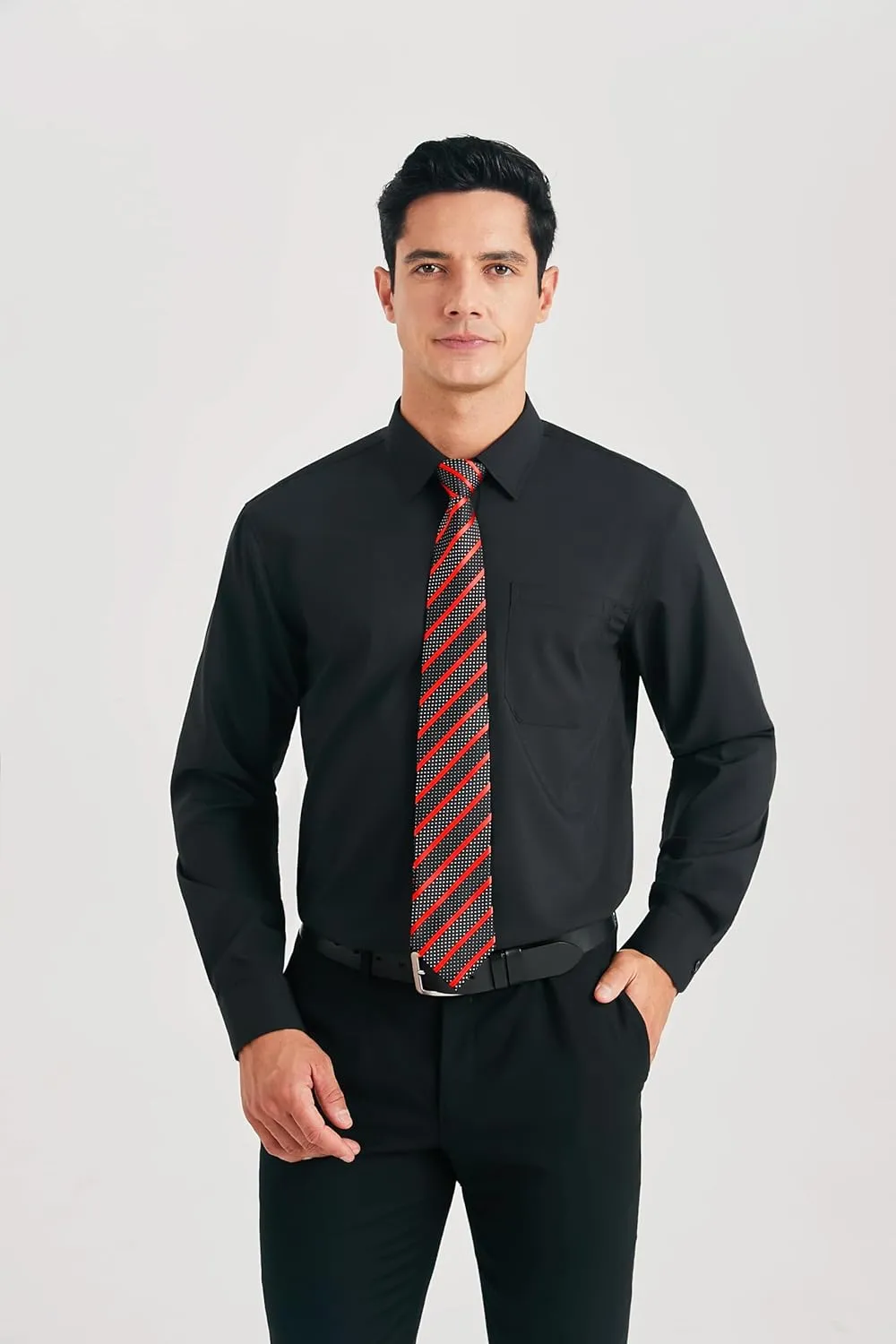 HISDERN Mens Dress Shirt Long Sleeve Matching Tie and Pocket Square Set Classic Button Down Formal Business Shirts