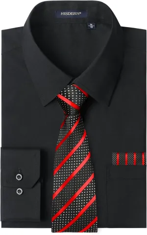 HISDERN Mens Dress Shirt Long Sleeve Matching Tie and Pocket Square Set Classic Button Down Formal Business Shirts