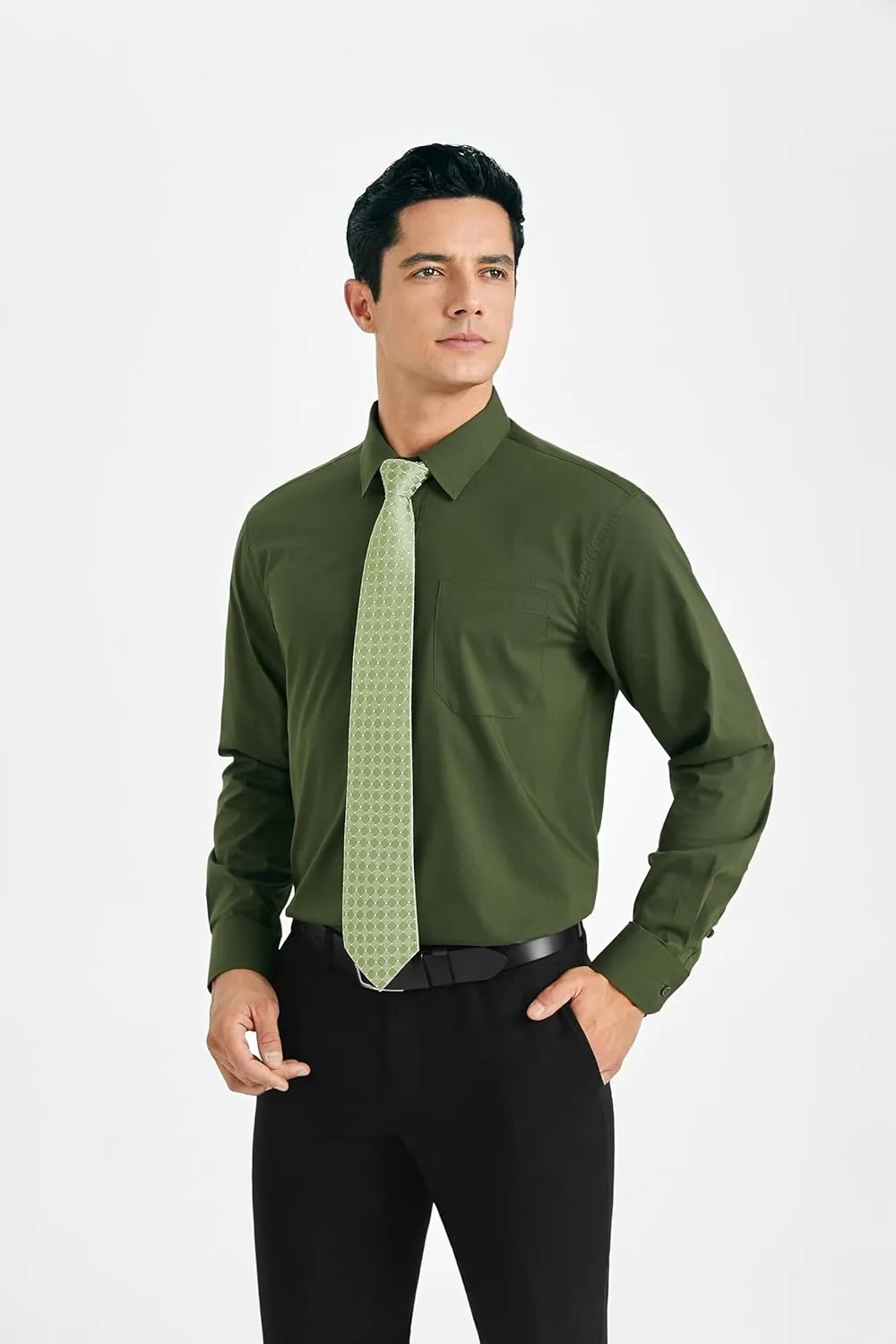 HISDERN Mens Dress Shirt Long Sleeve Matching Tie and Pocket Square Set Classic Button Down Formal Business Shirts