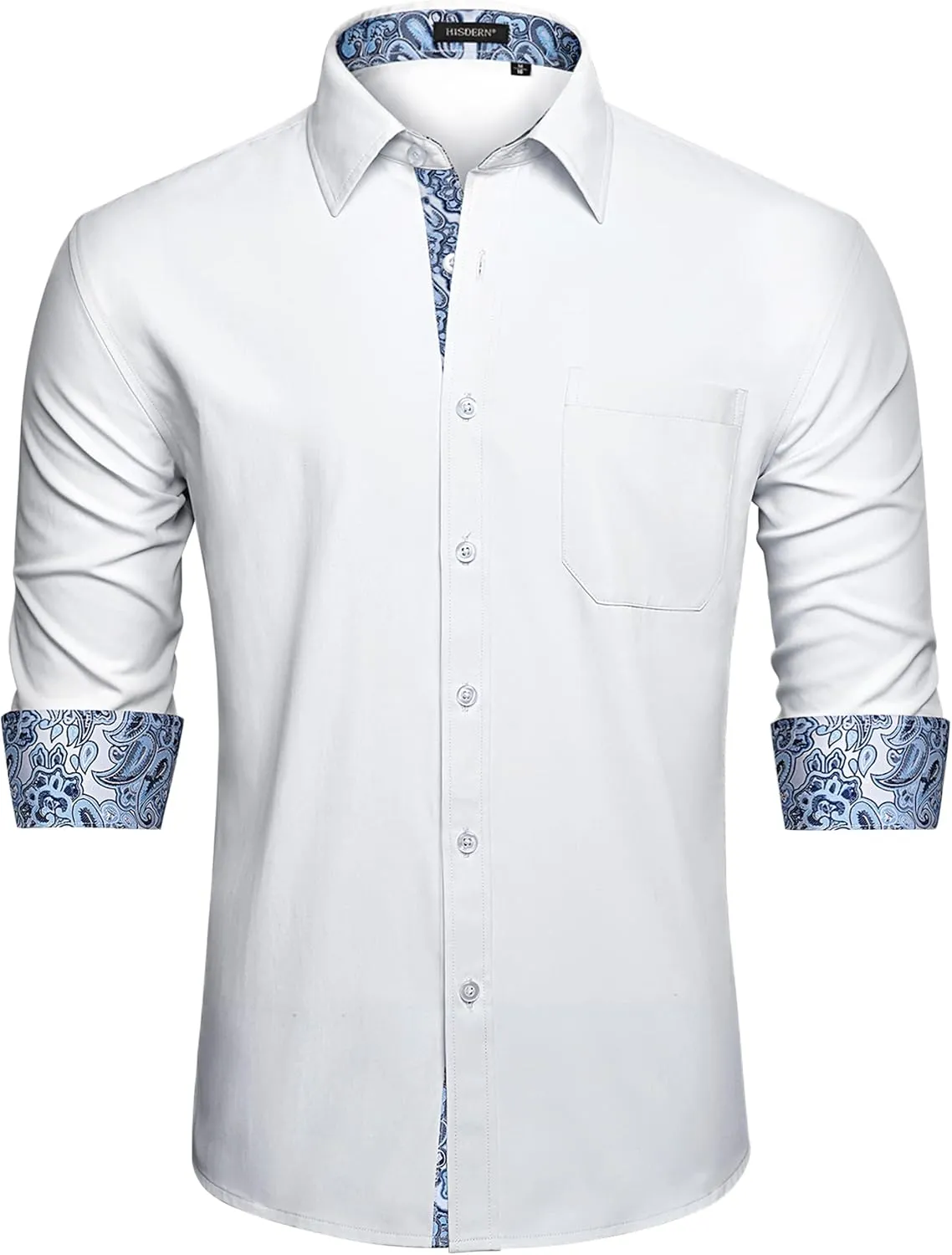HISDERN Mens Dress Shirts Long Sleeve Button Down Casual Shirts for Men Inner Contrast Formal Business Tuxedo Wedding Shirt