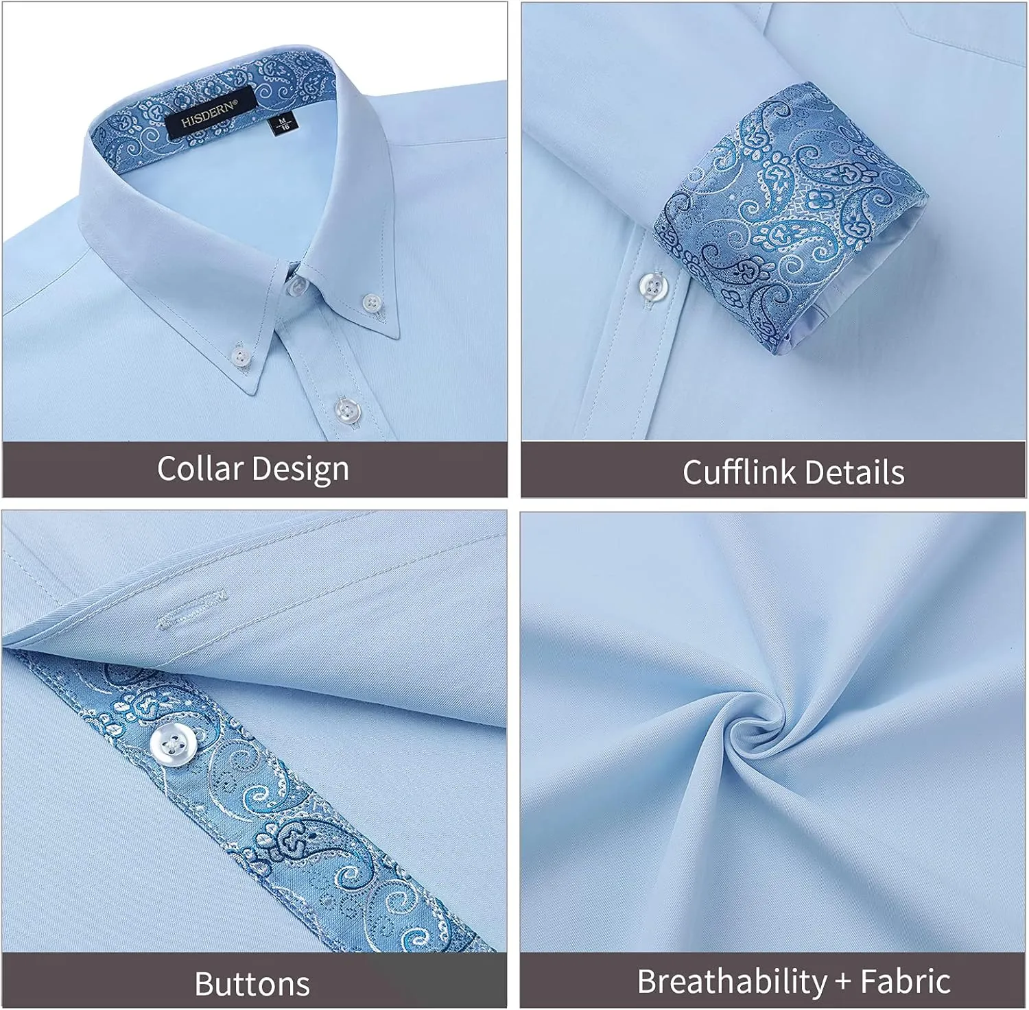 HISDERN Mens Dress Shirts Long Sleeve Button Down Casual Shirts for Men Inner Contrast Formal Business Tuxedo Wedding Shirt