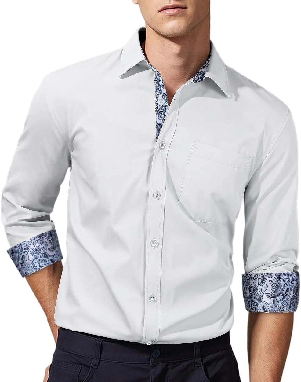 HISDERN Mens Dress Shirts Long Sleeve Button Down Casual Shirts for Men Inner Contrast Formal Business Tuxedo Wedding Shirt