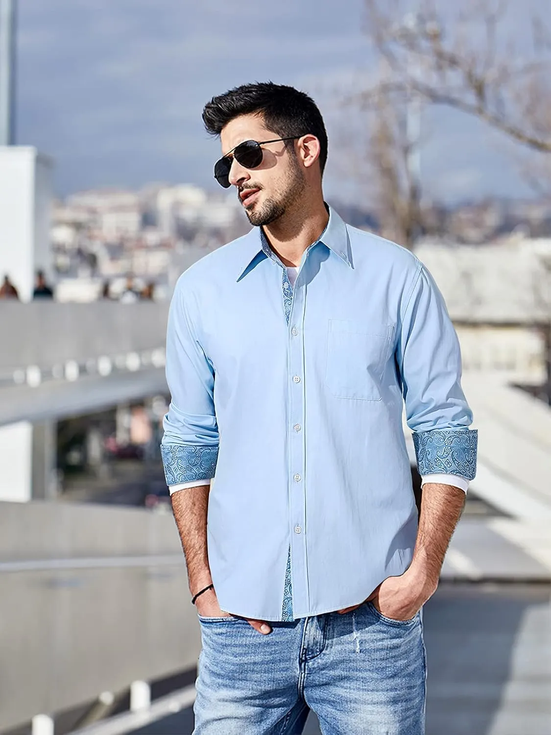 HISDERN Mens Dress Shirts Long Sleeve Button Down Casual Shirts for Men Inner Contrast Formal Business Tuxedo Wedding Shirt