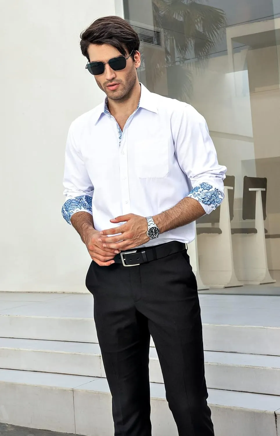 HISDERN Mens Dress Shirts Long Sleeve Button Down Casual Shirts for Men Inner Contrast Formal Business Tuxedo Wedding Shirt