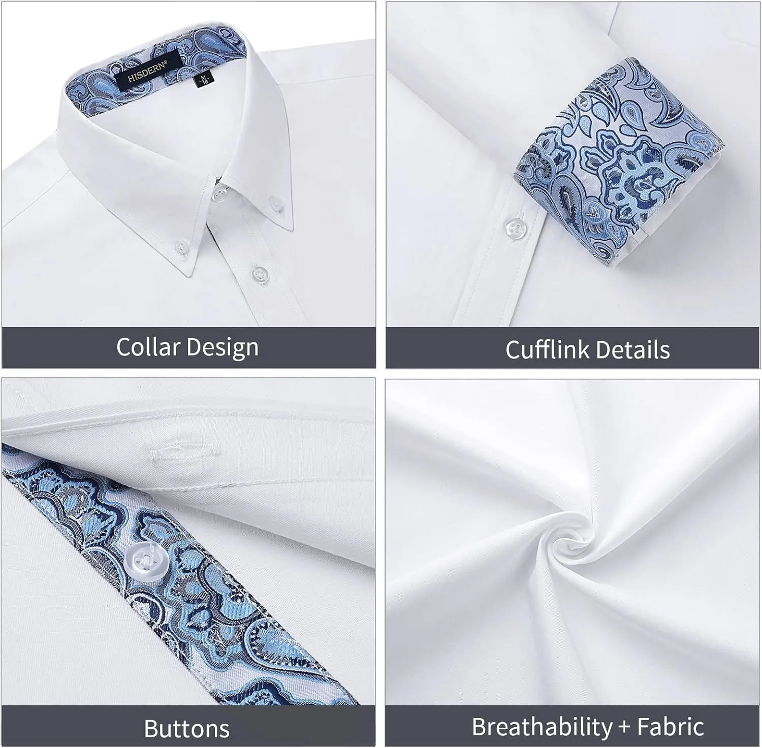 HISDERN Mens Dress Shirts Long Sleeve Button Down Casual Shirts for Men Inner Contrast Formal Business Tuxedo Wedding Shirt