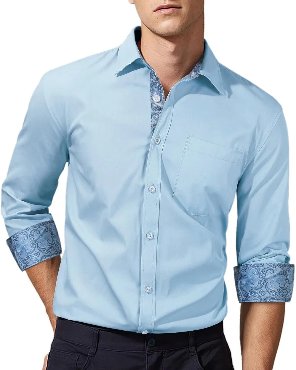 HISDERN Mens Dress Shirts Long Sleeve Button Down Casual Shirts for Men Inner Contrast Formal Business Tuxedo Wedding Shirt