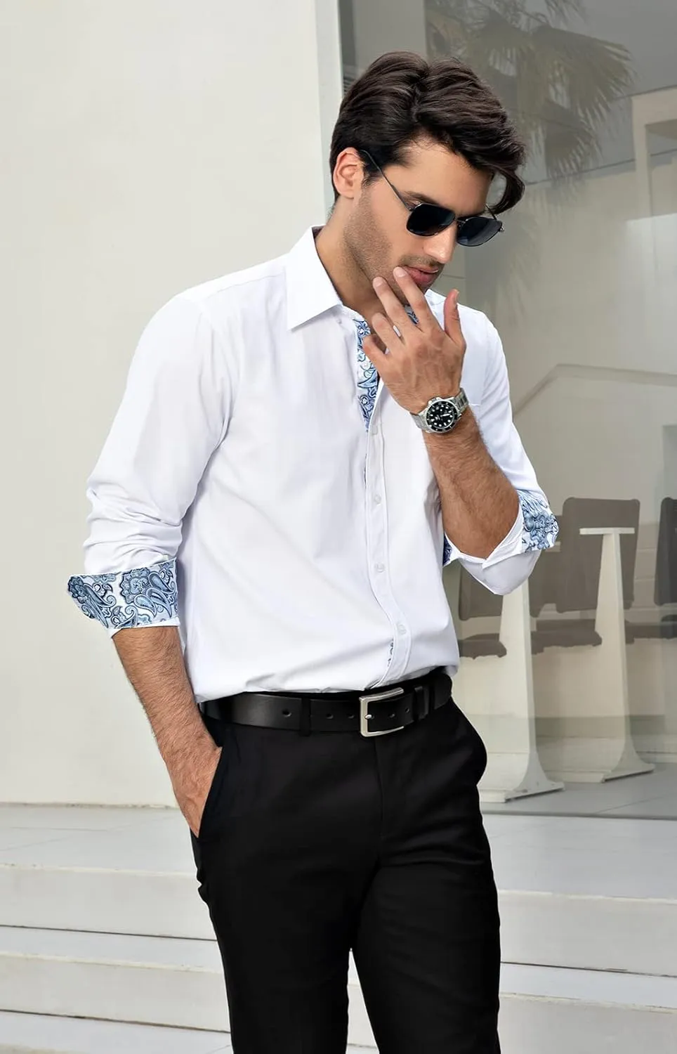 HISDERN Mens Dress Shirts Long Sleeve Button Down Casual Shirts for Men Inner Contrast Formal Business Tuxedo Wedding Shirt