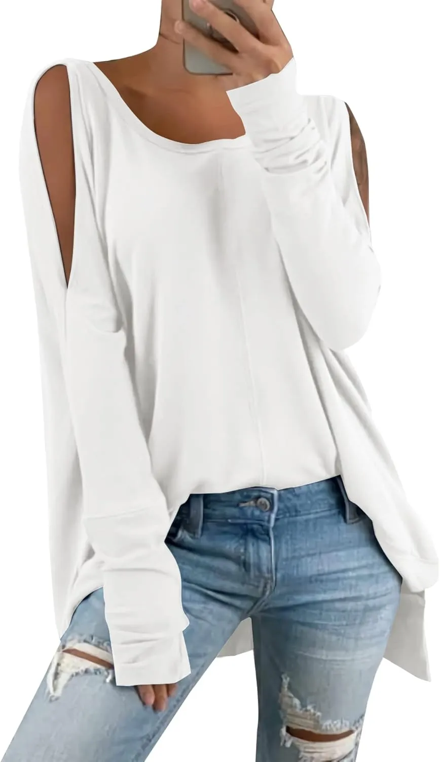 Hongqizo Women's Cold Shoulder Long Sleeve Sweatshirt Casual Crew Neck Side Split Loose Pullover Tops Blouses