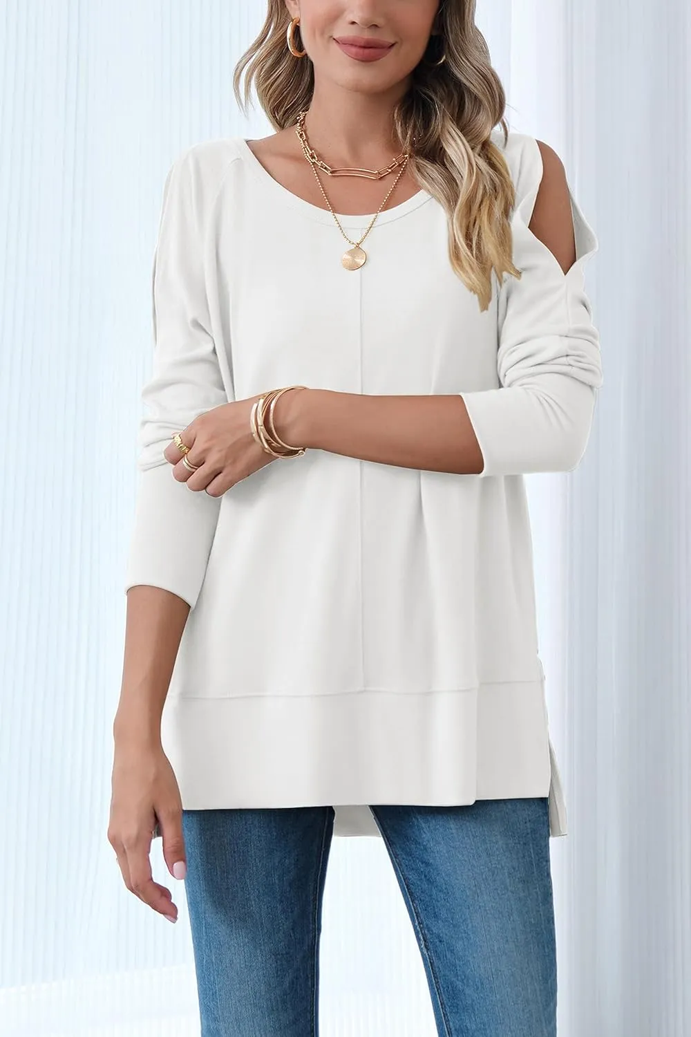 Hongqizo Women's Cold Shoulder Long Sleeve Sweatshirt Casual Crew Neck Side Split Loose Pullover Tops Blouses