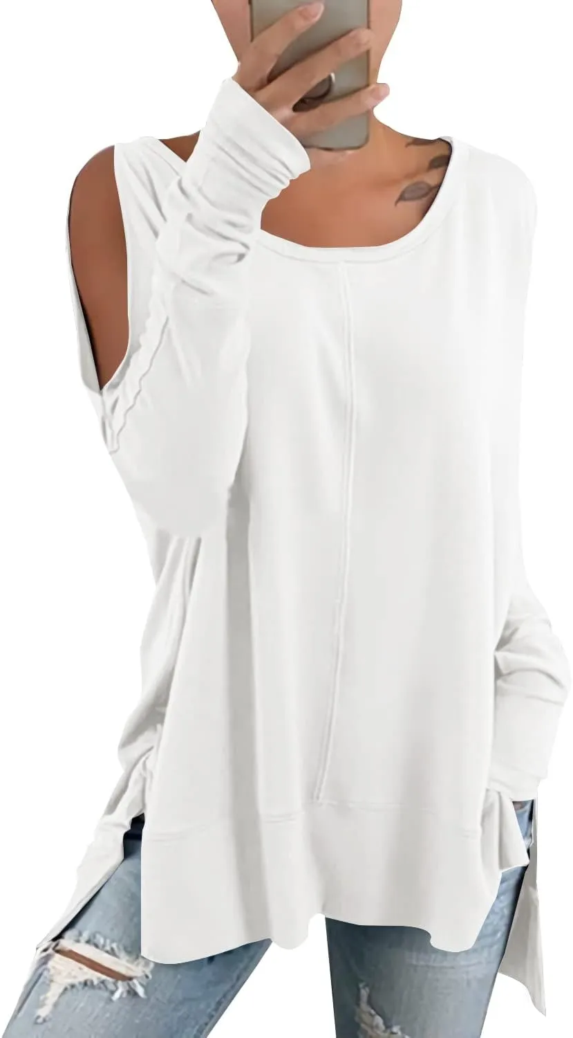 Hongqizo Women's Cold Shoulder Long Sleeve Sweatshirt Casual Crew Neck Side Split Loose Pullover Tops Blouses
