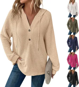 Hoodies for Women Button V Neck Waffle Knit Tops Raglan Long Sleeve Shirts Fall Casual Comfy Pullover Sweatshirt