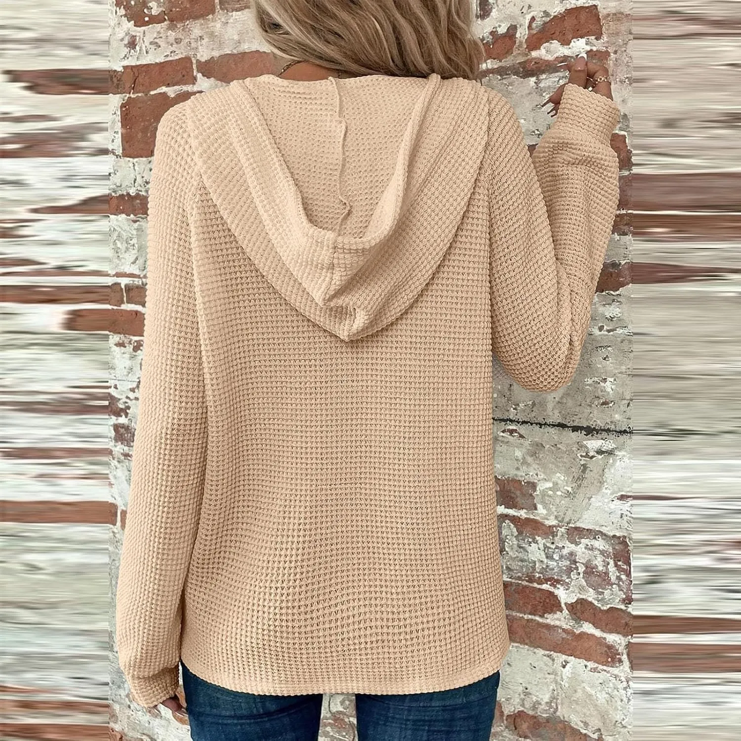 Hoodies for Women Button V Neck Waffle Knit Tops Raglan Long Sleeve Shirts Fall Casual Comfy Pullover Sweatshirt