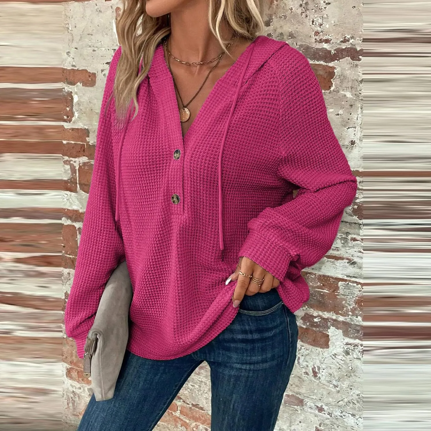 Hoodies for Women Button V Neck Waffle Knit Tops Raglan Long Sleeve Shirts Fall Casual Comfy Pullover Sweatshirt