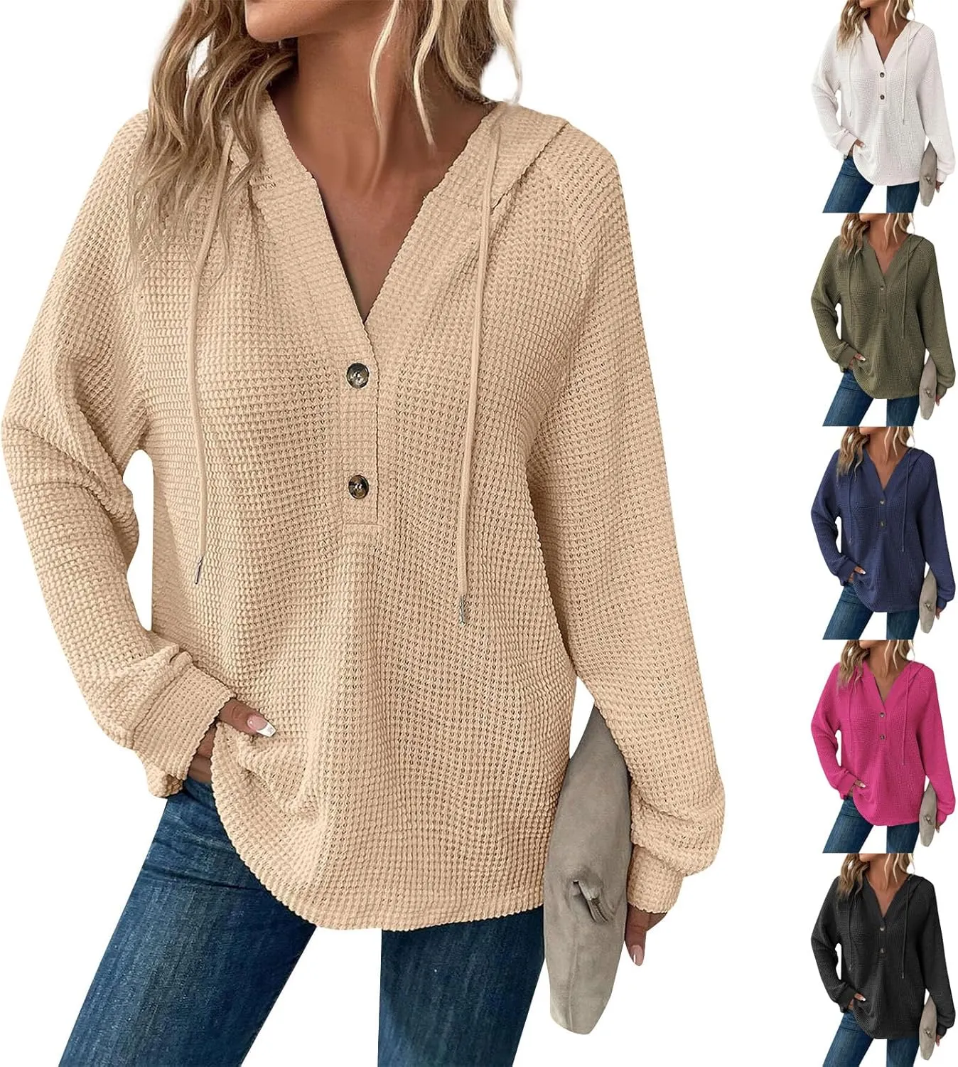 Hoodies for Women Button V Neck Waffle Knit Tops Raglan Long Sleeve Shirts Fall Casual Comfy Pullover Sweatshirt