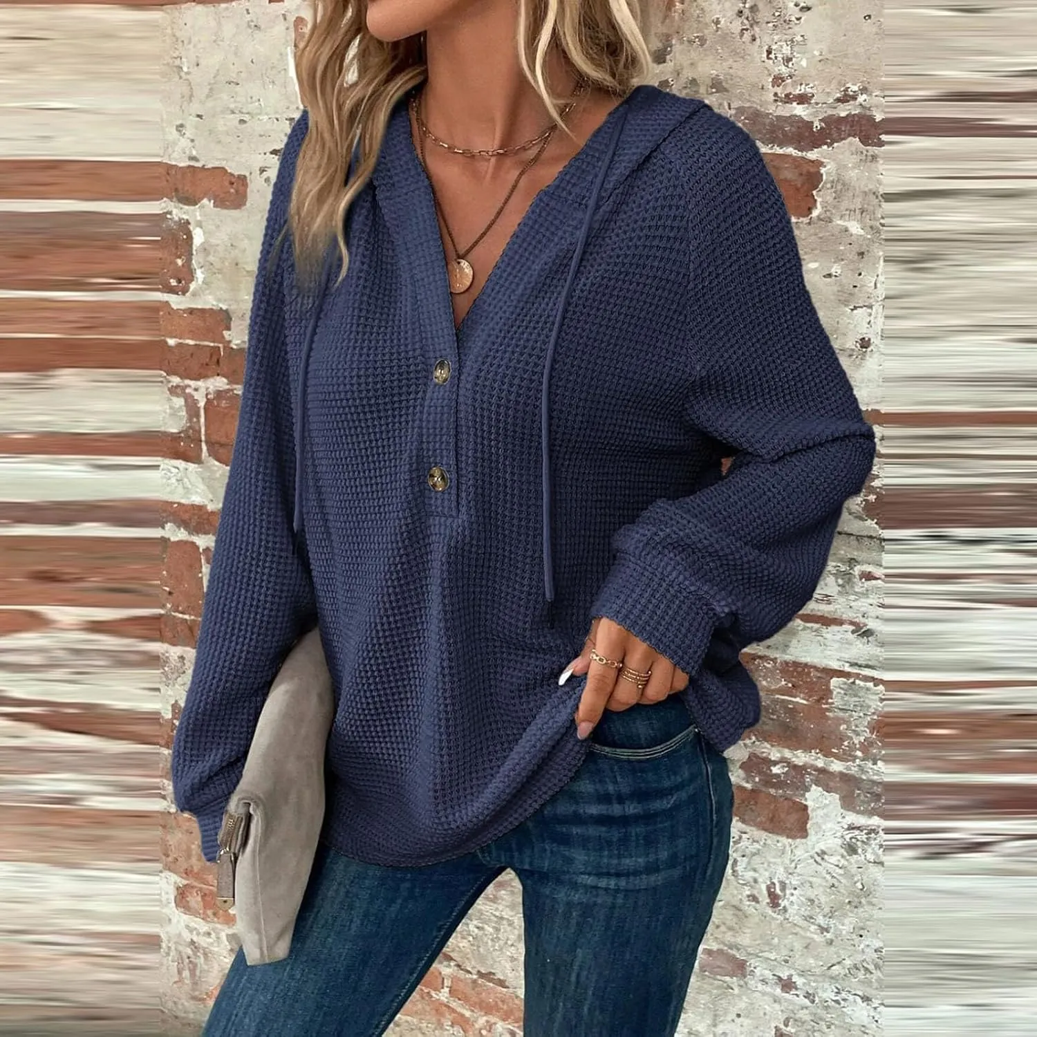 Hoodies for Women Button V Neck Waffle Knit Tops Raglan Long Sleeve Shirts Fall Casual Comfy Pullover Sweatshirt