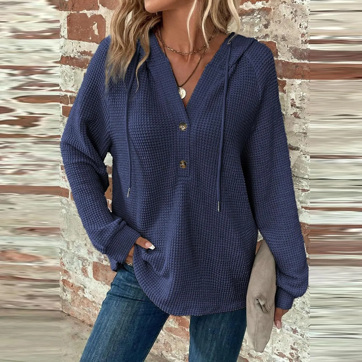 Hoodies for Women Button V Neck Waffle Knit Tops Raglan Long Sleeve Shirts Fall Casual Comfy Pullover Sweatshirt