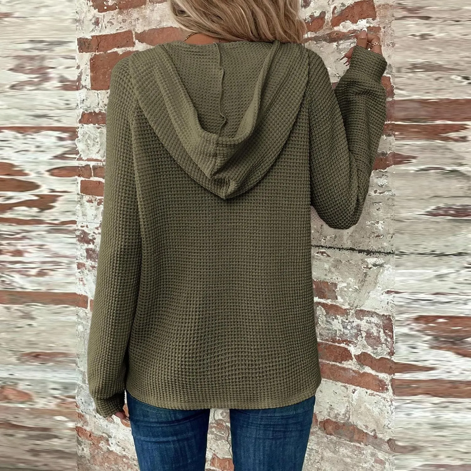 Hoodies for Women Button V Neck Waffle Knit Tops Raglan Long Sleeve Shirts Fall Casual Comfy Pullover Sweatshirt