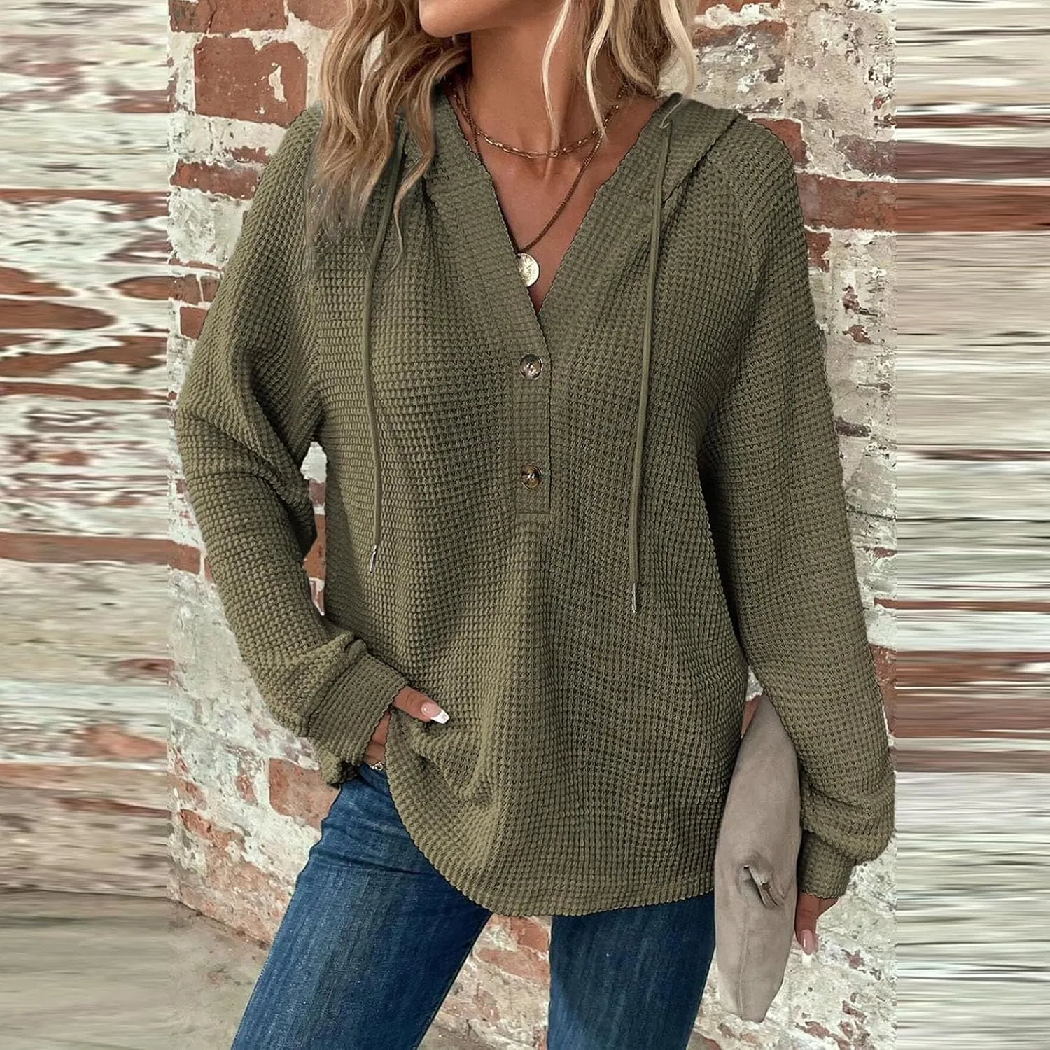Hoodies for Women Button V Neck Waffle Knit Tops Raglan Long Sleeve Shirts Fall Casual Comfy Pullover Sweatshirt