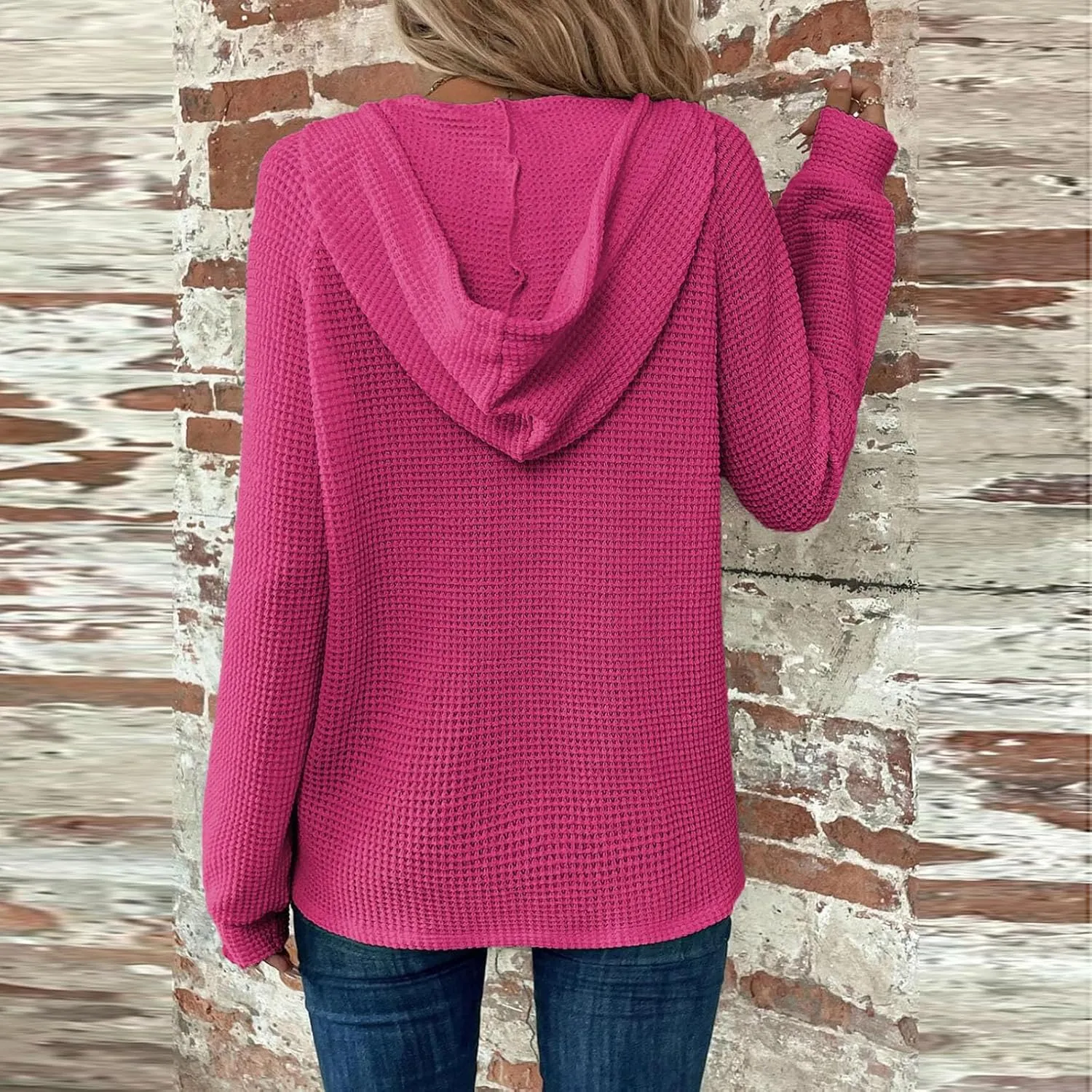 Hoodies for Women Button V Neck Waffle Knit Tops Raglan Long Sleeve Shirts Fall Casual Comfy Pullover Sweatshirt